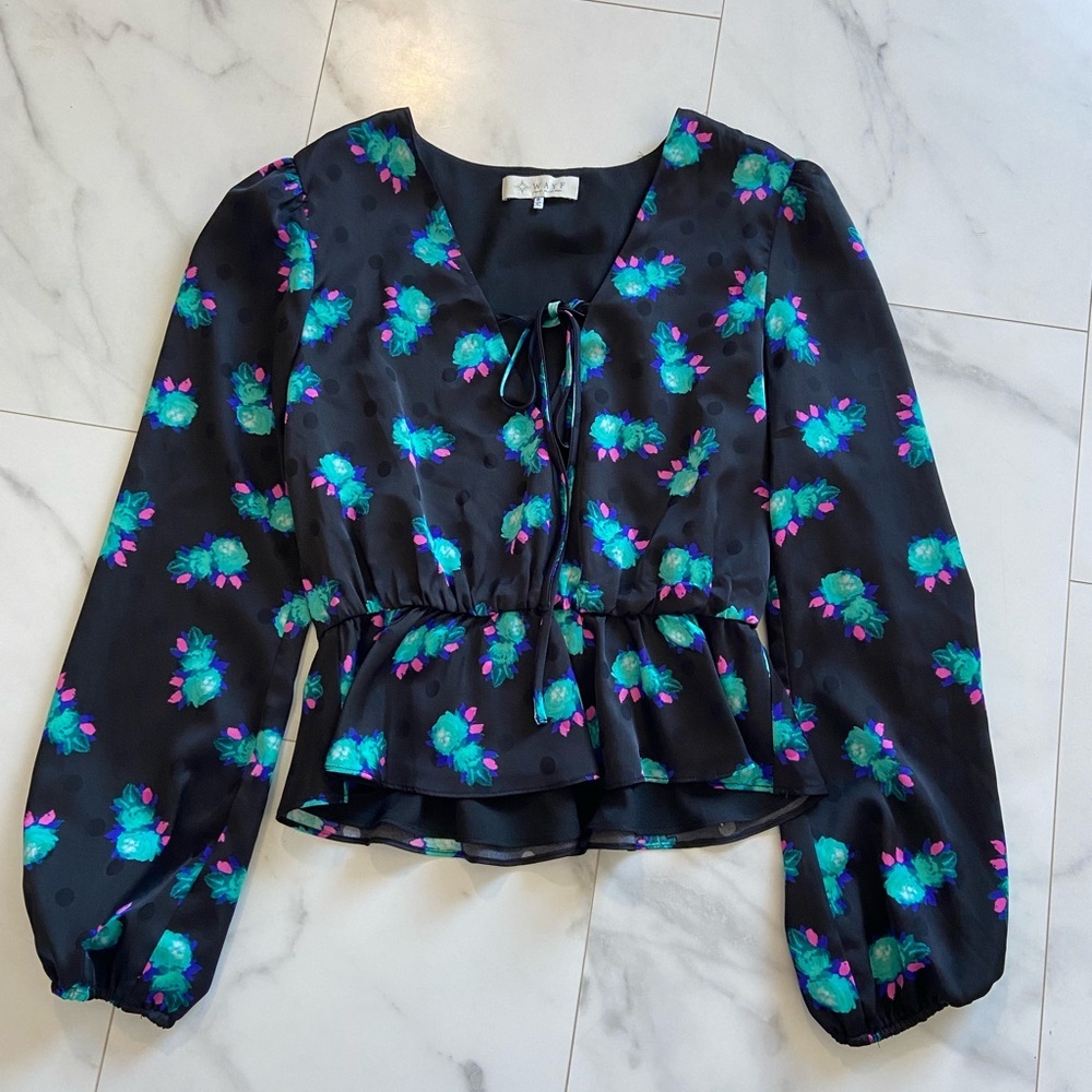 WAYF polka dot floral black blouse small teal black purple